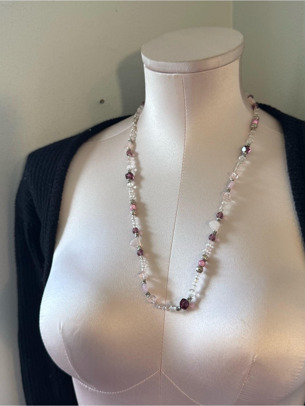 Delicate Pink and Purple Beaded Long Necklace